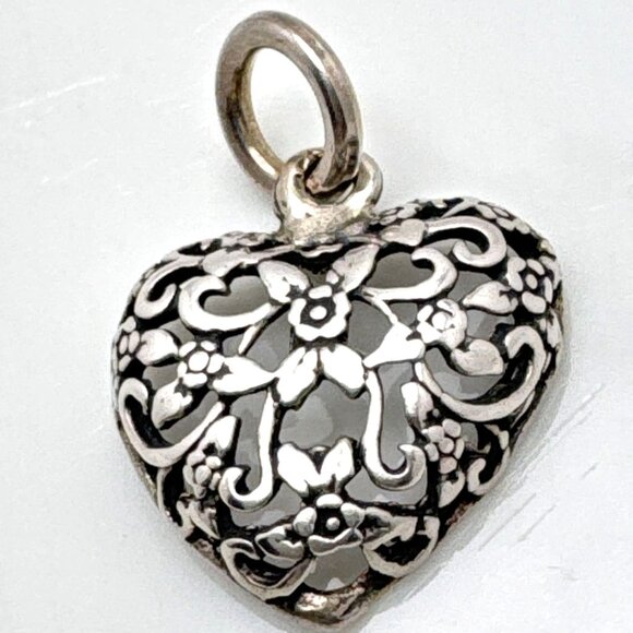 Sterling Silver 925 Vintage Floral Open Filigree Dome Love Heart Drop Pendant